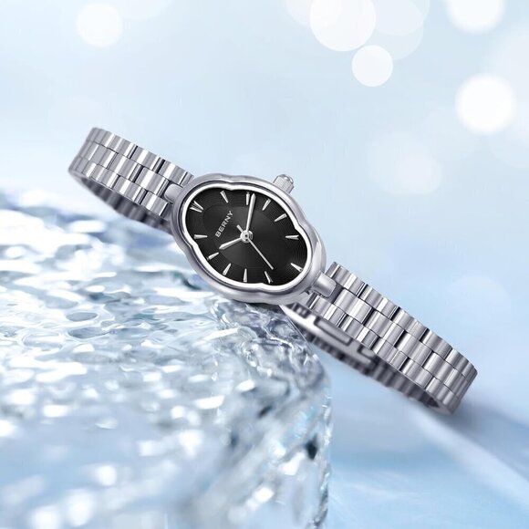 ?Women Black Dainty Ladies Wristwatch Vintage  Mirrors Shape stainless steel